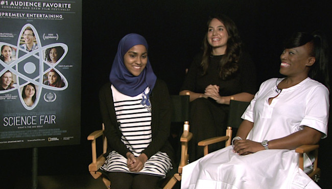 From left to right: Kashfia Rahman (high school ISEF competitor), Cristina Costantini (creator and co-director of Science Fair), Serena McCalla (research teacher at Jericho High School). Credit: National Geogeraphic