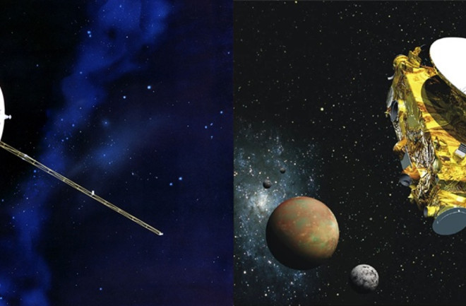 Voyager (left) launched in 1977; New Horizons (right) launched in 2006. The two missions have a curiously interconnected past. (Credit: NASA/JPL; NASA)