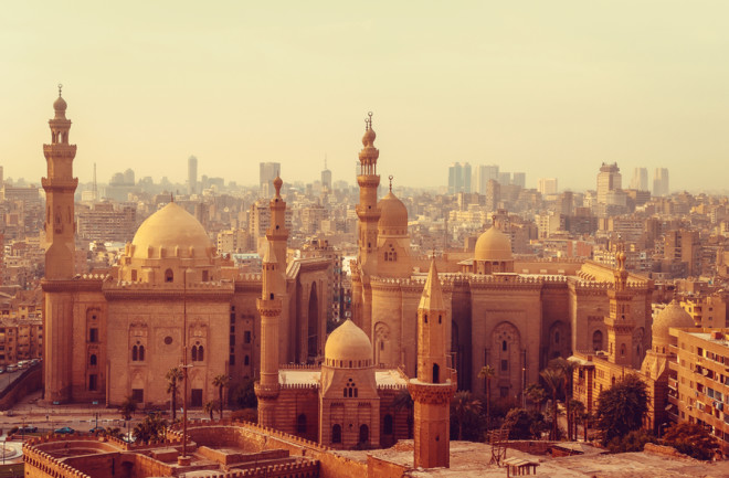 Mosque of Al Rifai and Madrasa of Sultan Hassan - panoramic view of old town in Cairo. 