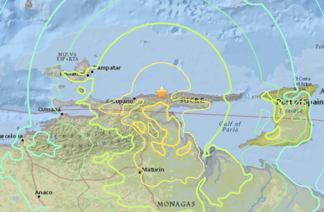 Map of shaking felt by the M7.3 earthquake in Venezuela on August 21, 2018. USGS.