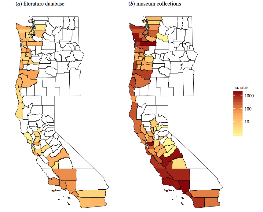 . Visualization of the 23-fold increase in digitally accessible Cenozoic marine invertebrate palaeontological collection sites (26 059) from museum collections compared with the number of collection sites (1139) from literature data currently entered into the PBDB (https://paleobiodb.org/) for California, Oregon and Washington. (a) Number of sites per county currently included in the PBDB (https://paleobiodb.org/); (b) number of sites per county now digitally mobilized across nine institutions of the EPICC TCN (https://epicc.berkeley.edu/). The number of sites per county for each map are provided in the Supplemental_Data.csv file deposited in the Dryad data repository (doi:10.5061/dryad.j0r8127)