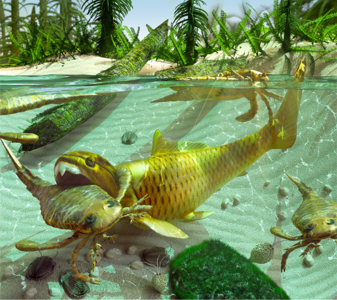 Illustration depicting a cycle of life in a lake during the Devonian Period