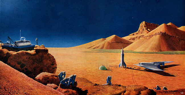 "Exploring Mars" by Chesley Bonestell, based on ideas drawn up by Wernher von Braun. (Credit: Chesley Bonestell)