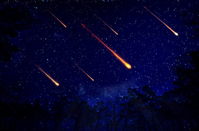 fireballs streak across a night sky