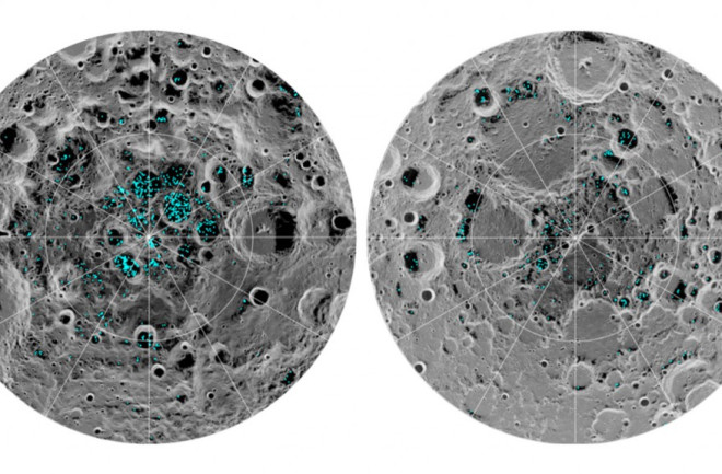 Here there be water! The maps show the distribution of surface ice at the Moon's south (left) and north (right) poles. (Credit: NASA)