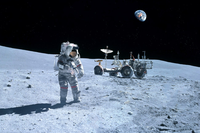 Astronaut exploring moon, Rover an Earth Background