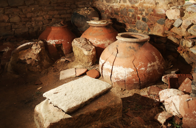 Pieces of ancient ceramic pottery indoor
