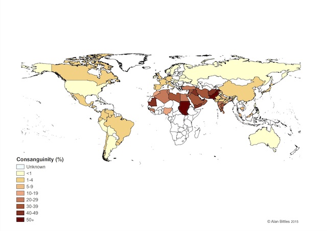 Global prevalence of marriages between second cousins or closer in 2015 (Source: http://consang.net/index.php/Main_Page)