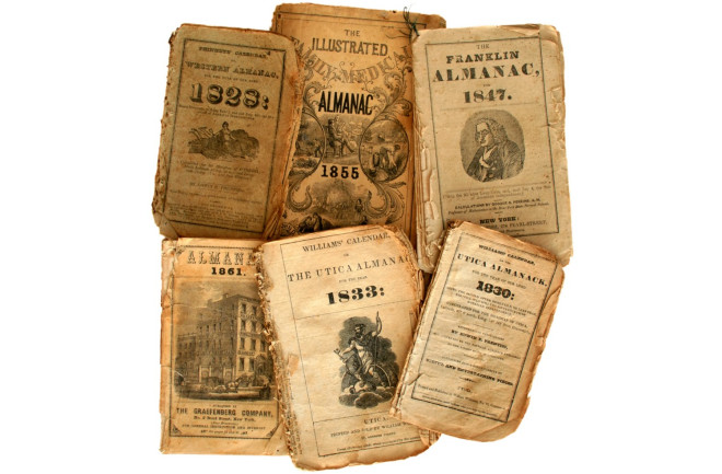almanacs old farmers collage display - shutterstock