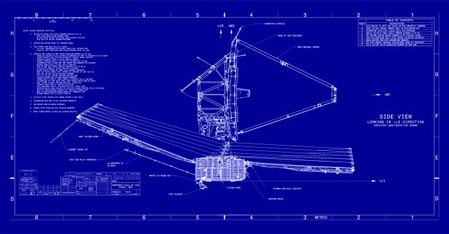 Blueprints of the James Webb Space Telescope capture some of the vast complexity and power of the enormous observatory. (Credit: NASA)