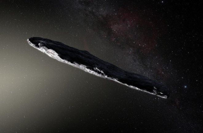 Illustration of &#096;Oumuamua, the first-known interstellar asteroid. Its unusual shape and color offer cryptic clues about the nature of objects from other solar systems. (Credit: ESO/M. Kornmesser) 