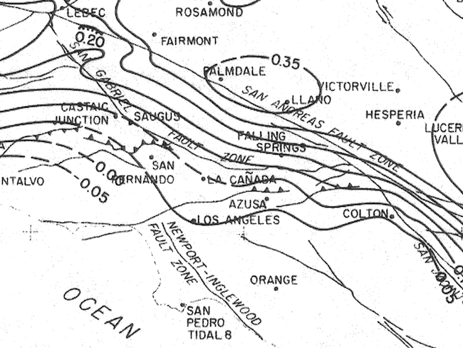 Part of a 1975 USGS map showing the "Palmdale Bulge". USGS.