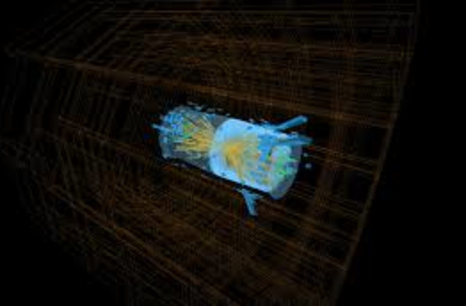 Particle collisions event simulation at 13,000 GeV in the CMS, a general-purpose detector at the Large Hadron Collider. (Credit: CERN)