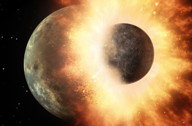 A planetary collision is exactly as bad as you would imagine. Unlike an asteroid impact, there's not just a crater left behind. Instead, such a massive crash causes the surviving world to be stripped of much of its lighter elements, leaving behind an overly dense core. (Credit: NASA/JPL-Caltech)