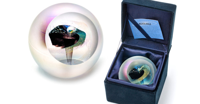 a picture of the black hole paperweight in a velvet box
