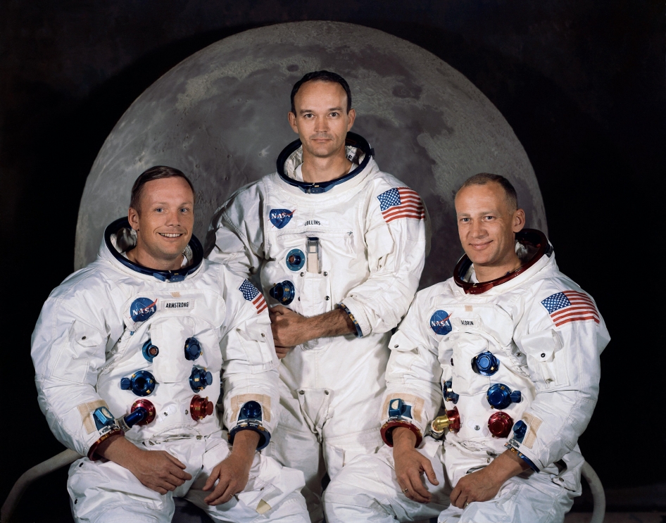 The crew of Apollo 11. Left to right: Armstrong, Collins, Aldrin. NASA