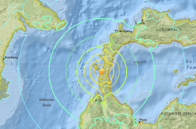 Map showing the epicenter and expected shaking related to a M7.5 earthquake near Palu in Indonesia. USGS.
