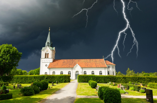 Lightning bolt strikes above a church in Sweden