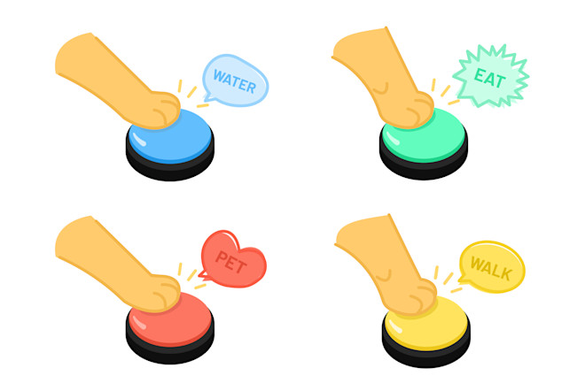 Illustration of four paws pressing four different word buttons