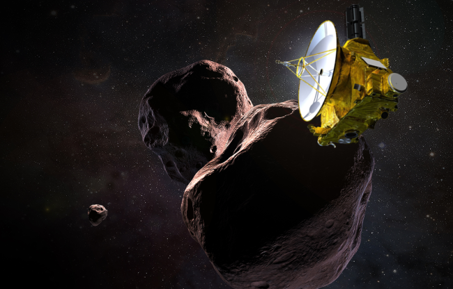 An illustration of the New Horizons spacecraft flying by the Kuiper Belt object Ultima Thule. (Credit: NASA / JPL / JHUAPL)