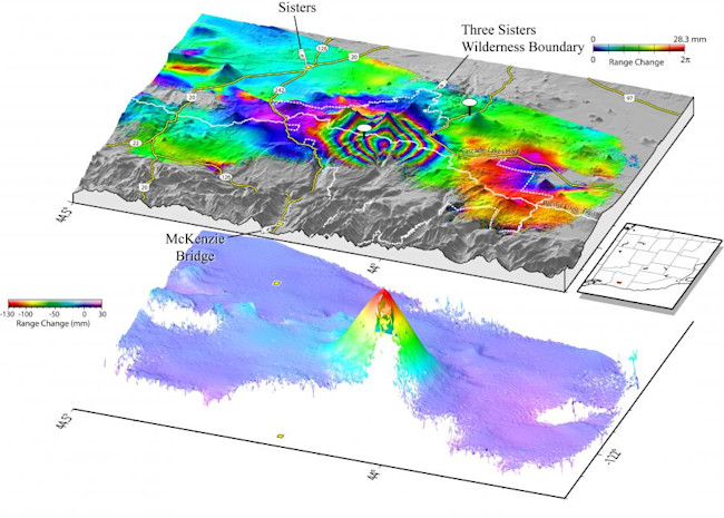 Uplift observed from 1995-2001 on South Sister in Oregon via InSAR observations. USGS.