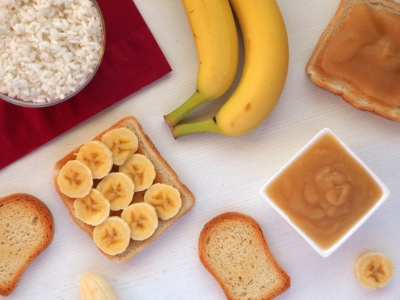 Foods included in the BRAT diet: bananas, rice, applesauce, toast. For diarrhea or stomach virus