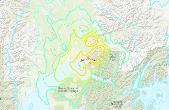 Shake map for the M7 earthquake that struck near Anchorage on November 30, 2018. USGS.