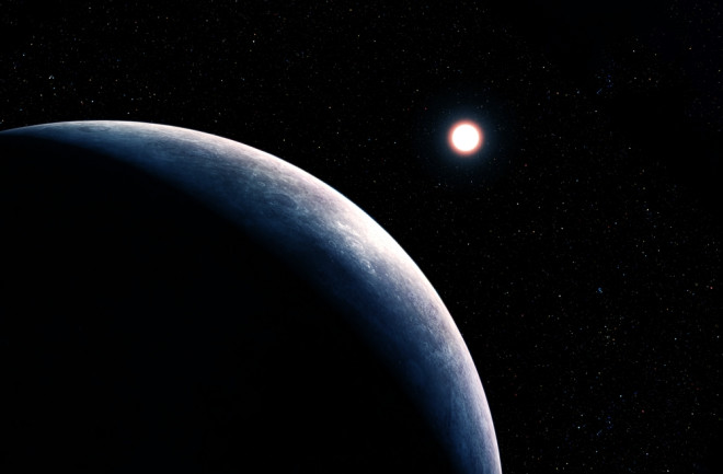 Icy exoplanet on a dark background. Elements of this image furnished by NASA.