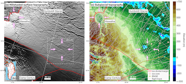 Two topographic maps showing the proximity of the Hiawatha crater and the newly found structure under Greenland's ice sheet.