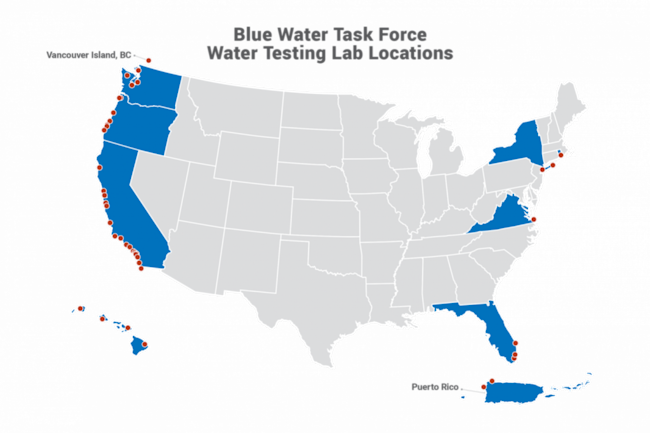 Blue Water Task Force Water Testing Lab Location Map - Surfride Foundation