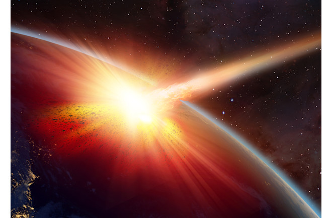 comet asteroid hitting planet earth in space - shutterstock