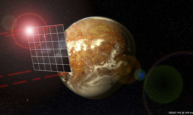 This artist's illustration shows a light sail traveling toward the potentially habitable exoplanet Proxima b.