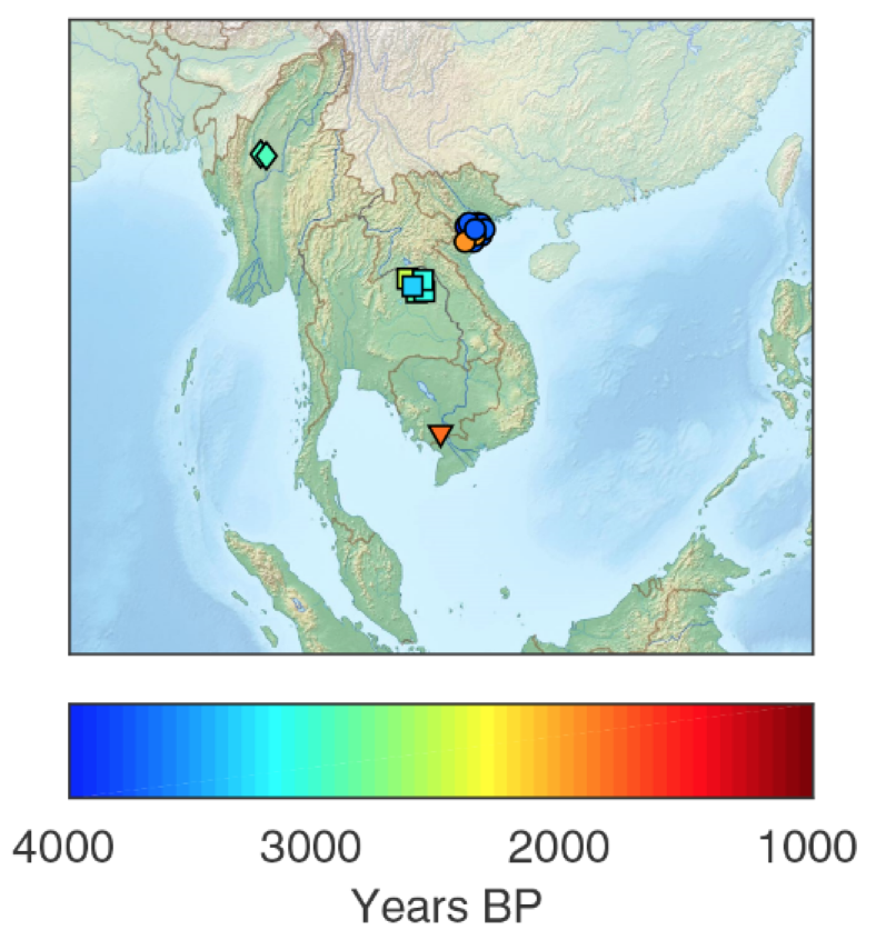 Ancient DNA samples included in the study came from five different sites across Southeast Asia and ranged from 1,700 to more than 4,000 years old. (Credit: Lipson et al 2018, http://science/sciencemag.org/lookup/doi/10.1126/science/aat3188)
