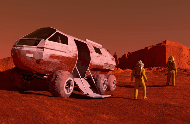 Illustration of astronauts and a rover on Mars