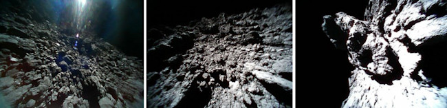 Surface views of Ryugu from the MINERVA II rovers. The left 2 images are from rover 1B, the final one from 1A. (Credit: JAXA)
