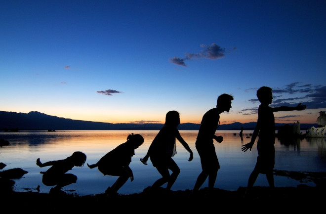 A silhouette image imitating human evolution with blue and orange sunset background