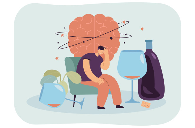 Man with hangover after drinking alcohol. Flat vector illustration of tiny drunk person sitting with bottle and glasses of liquor. Dizzy brain. 