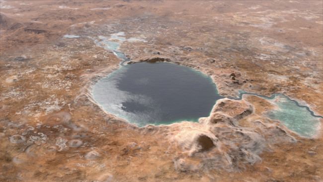 Jezero crater as it may have appeared 3.5 billion years ago, when Mars was warm and wet. (Credit: NASA/JPL-Caltech)