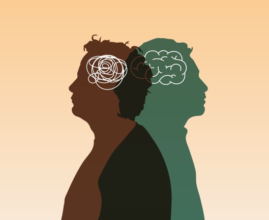 A silhouette on a yellow background of two human heads, one with a tangled brain. Mental health concept of empathy overload