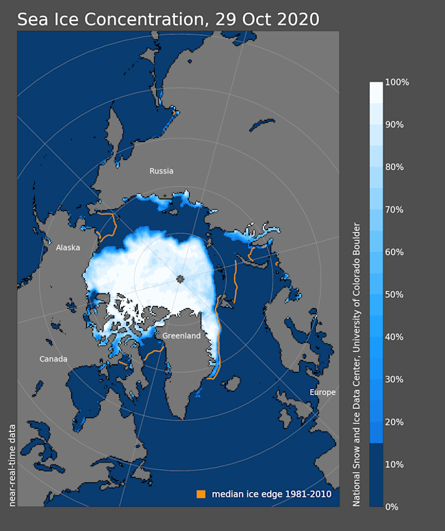 Arctic Sea Ice Concentration on Oct. 29, 2020 - NSIDC
