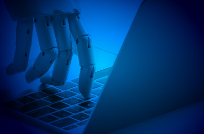 Chat bot , artificial intelligence , robo advisor , robotic concept. Robot finger point to laptop button. Blue tone.