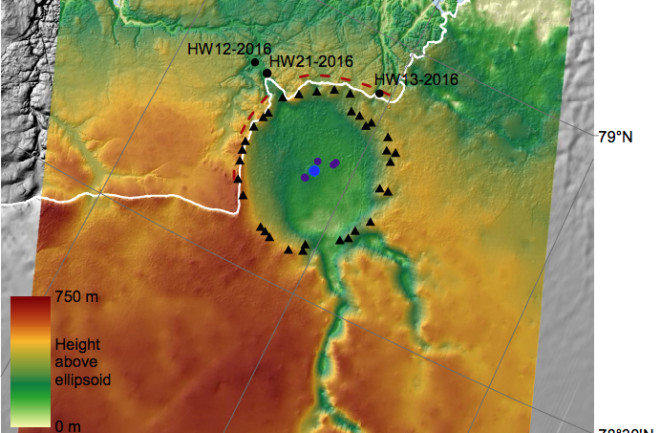 A heatmap shows in green a circular crater depression in a red-and-yellow colored surrounding.