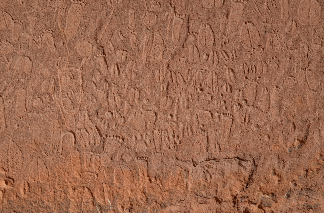 Detail of Stone Age human footprints and animal tracks carved into the cliffs of Doro !Nawas mountains, Namibia.