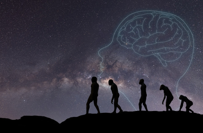 Human evolution, natural selection, from monkeys to modern humans. Anthropology and genetic heritage, against the background of the starry sky,milky way