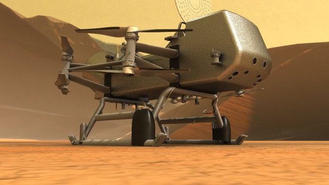 Dragonfly as it will appear after landing on Titan in 2034. The 450-kilogram flyer will sample the surface through its feet each time it touches down. (Credit: NASA/JHU-APL)