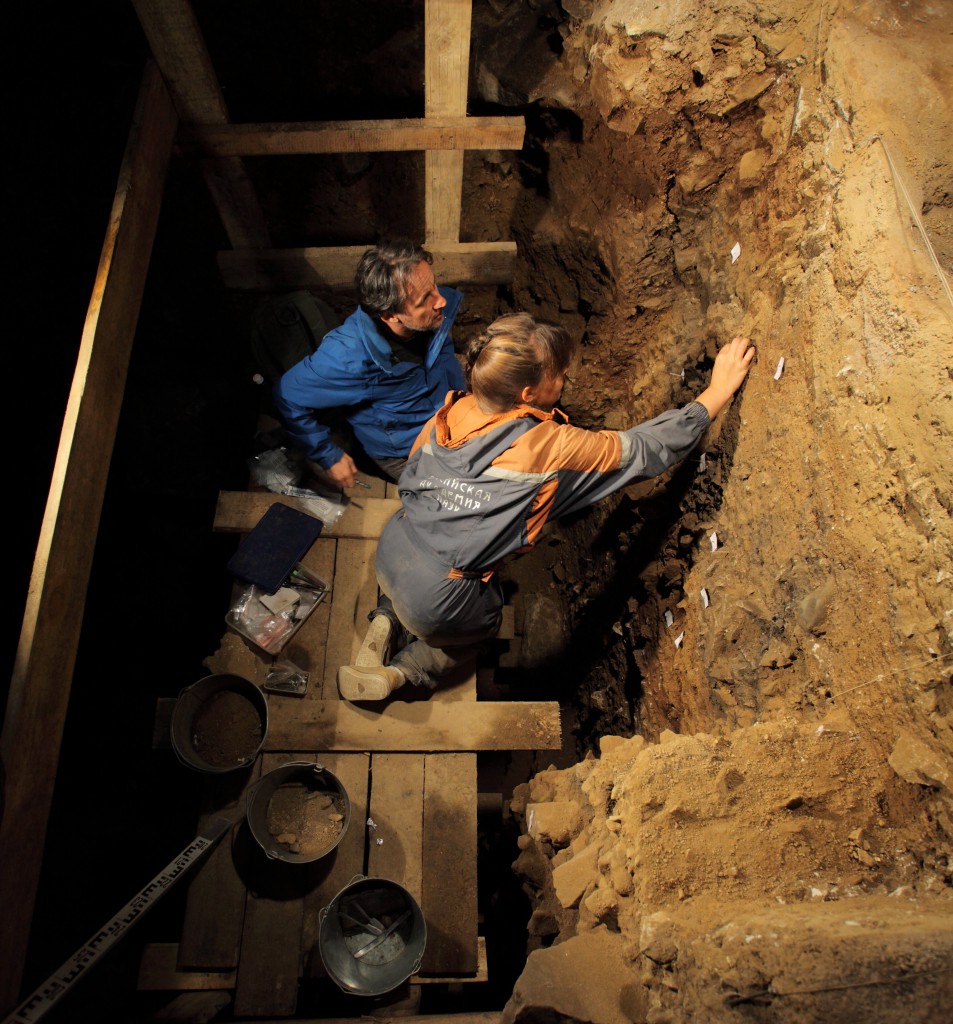 Natalia Belousova (Russian Academy of Sciences) and Tom Higham taking samples from the Main Chamber at Denisova Cave Credit: Sergey Zelinski, Russian Academy of Sciences