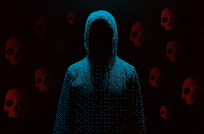 Hoodie Hacker Crime Banner. 8 bit Pixel Art Style Player is Dead Game Screen. Dark Faceless Reaper Hacker in the Hood. 