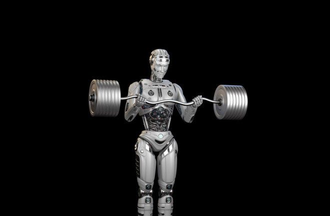 strong robot lifts weights
