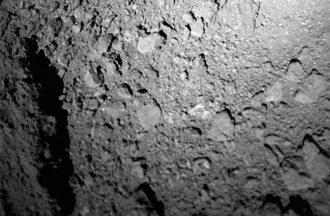 The MASCOT lander captured this shot of Ryugu from an altitude of 20 meters, just before touching down on the asteroid. (Credit: MASCOT/DLR/JAXA)