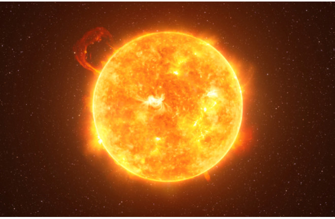 Bright Sun against dark starry sky in Solar System, elements of this image furnished by NASA